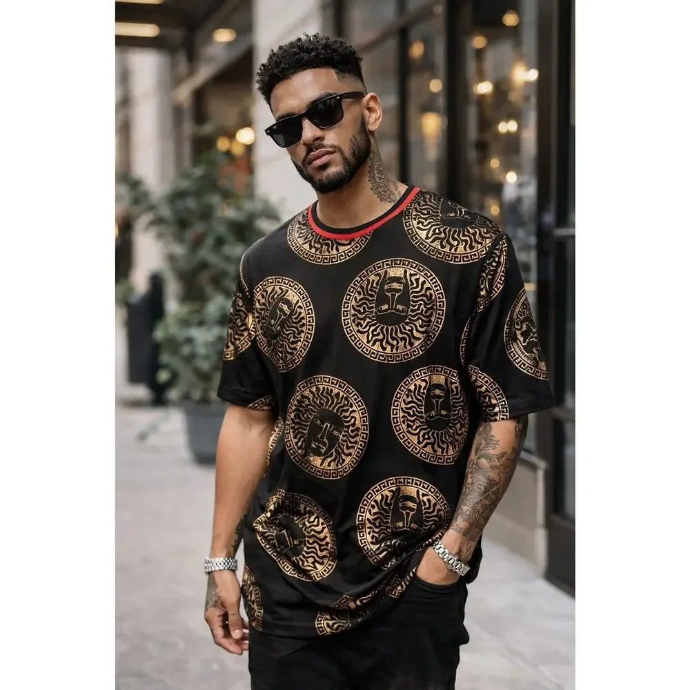 Festival Concert shirt Short Sleeve Metallic Gold Medusa Design Snake charmer